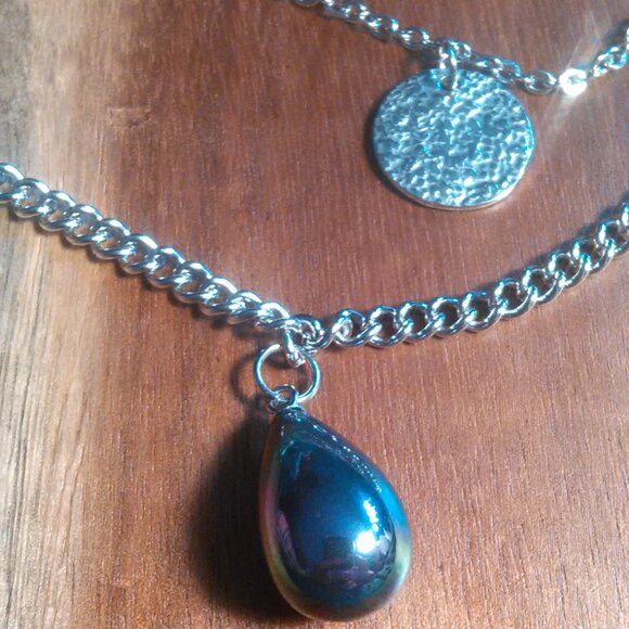 Peacock Color Shell Pearl Stainless Steel Four Layer Chain Necklace - Picture 1 of 12